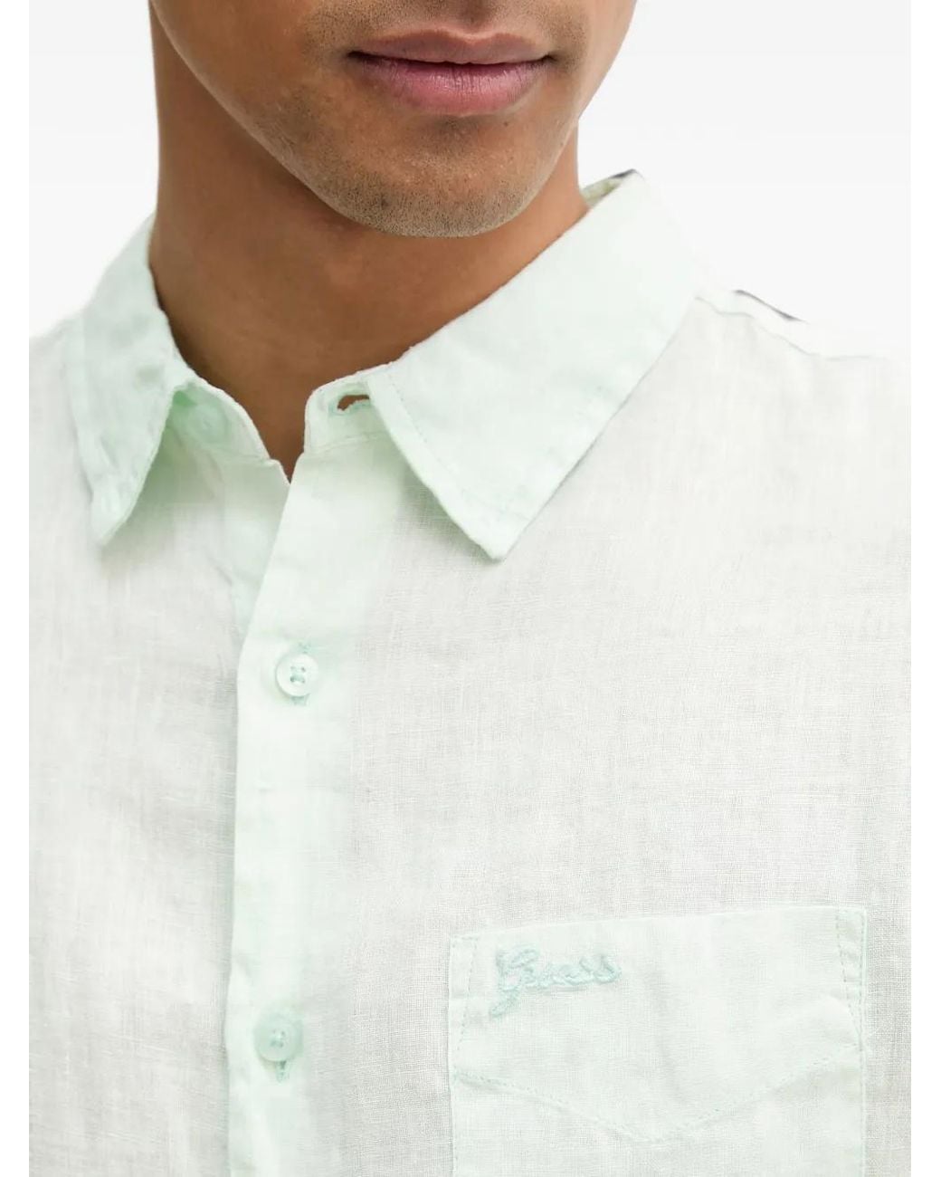 Guess White Linen Chest-Pocket Shirt for men