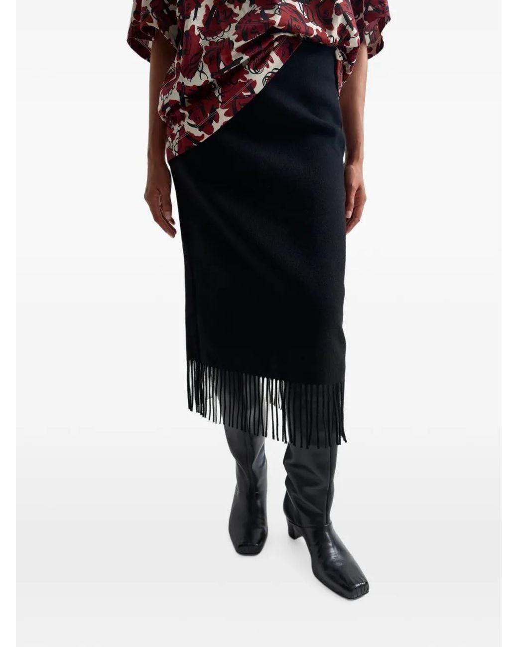Rodebjer Black The Blaine Fringe Pencil Midi Skirt