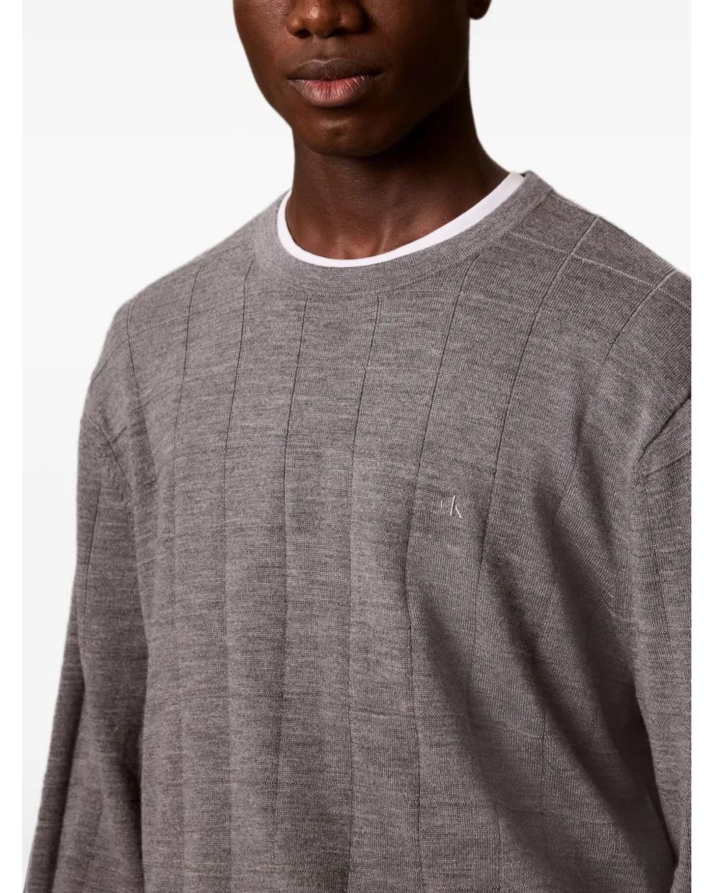 Calvin Klein Gray Grid-Patterned Logo-Embroidered Sweater for men