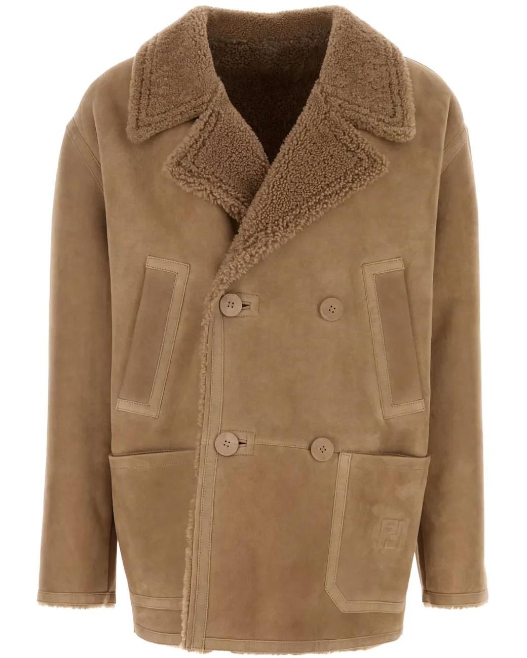 Fendi Brown Camel Shearling Double-Breasted Jacket for men