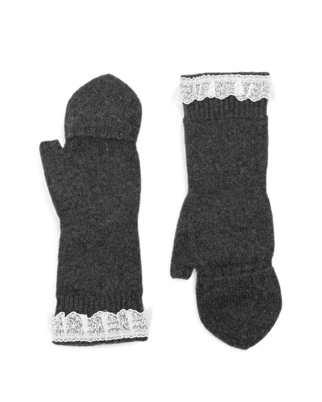 Ganni Black Lace-Trim Knitted Mittens