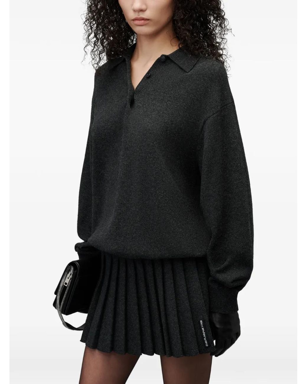 Alexander Wang Black Long-Sleeve Polo Dress With Heat-Pressed Skirt
