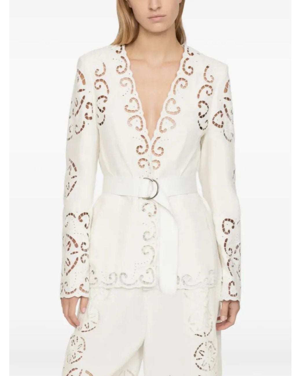 Sea White Dahlia Broderie-Anglaise Belted Blazer