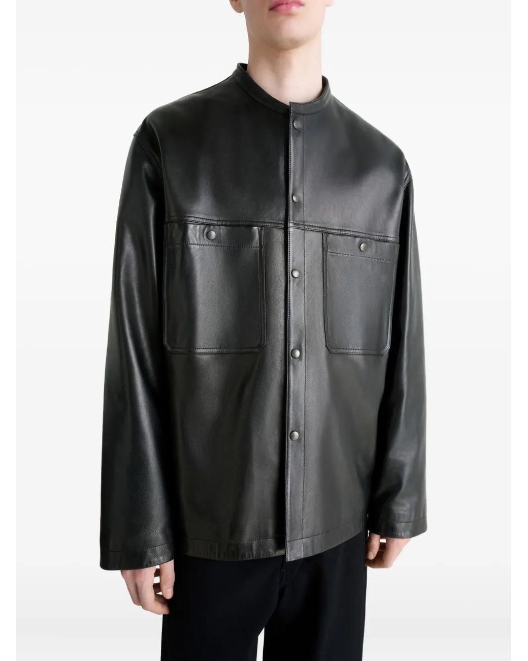 Lemaire Black Snap-Closure Patch-Pocket Leather Overshirt for men