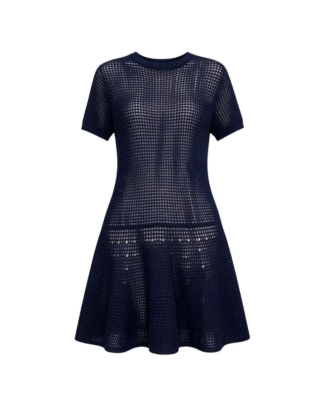 Brunello Cucinelli Blue Mesh-Knit Short-Sleeve Mini Dress