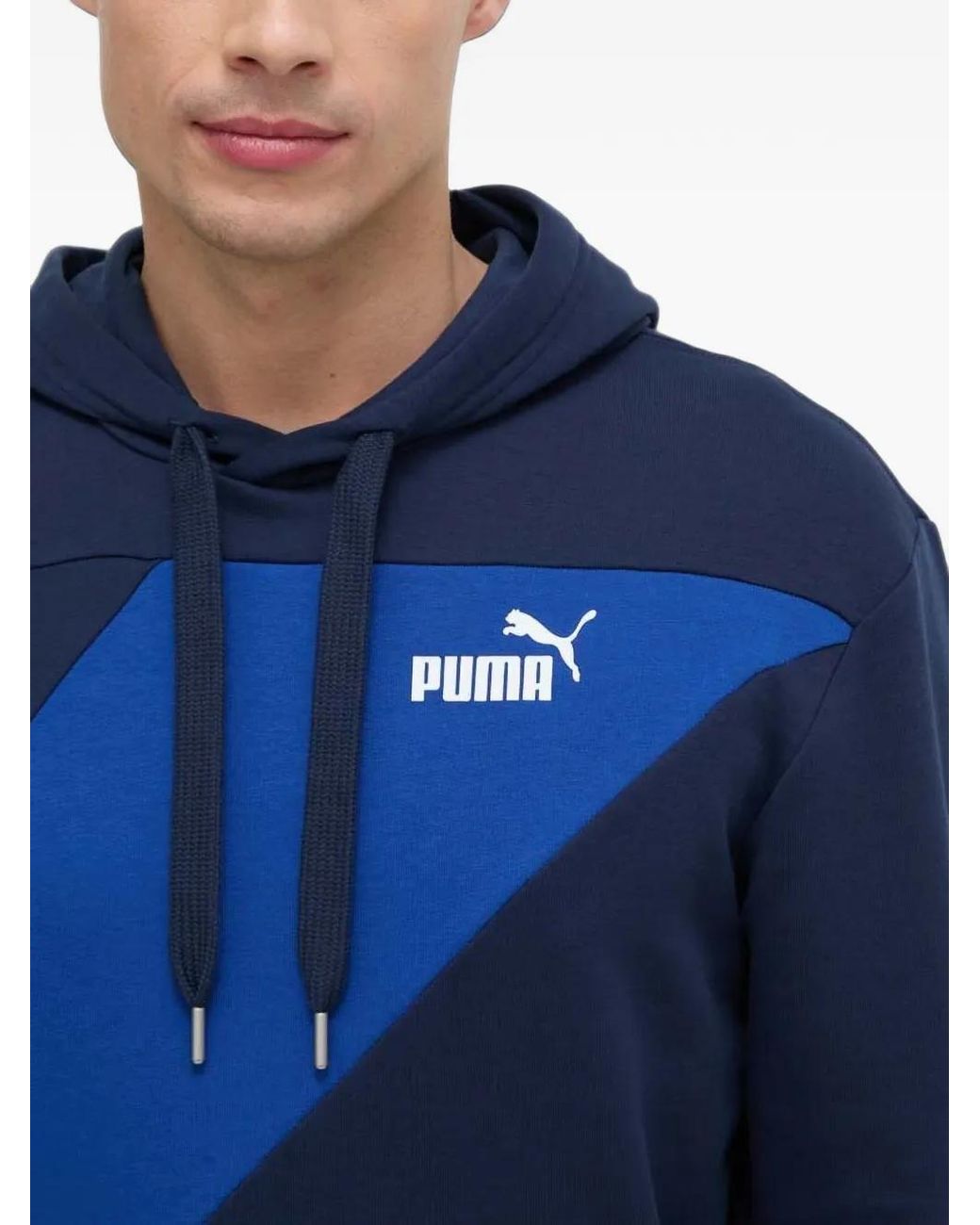 PUMA Blue Power Logo-Print Colour-Block Hoodie for men