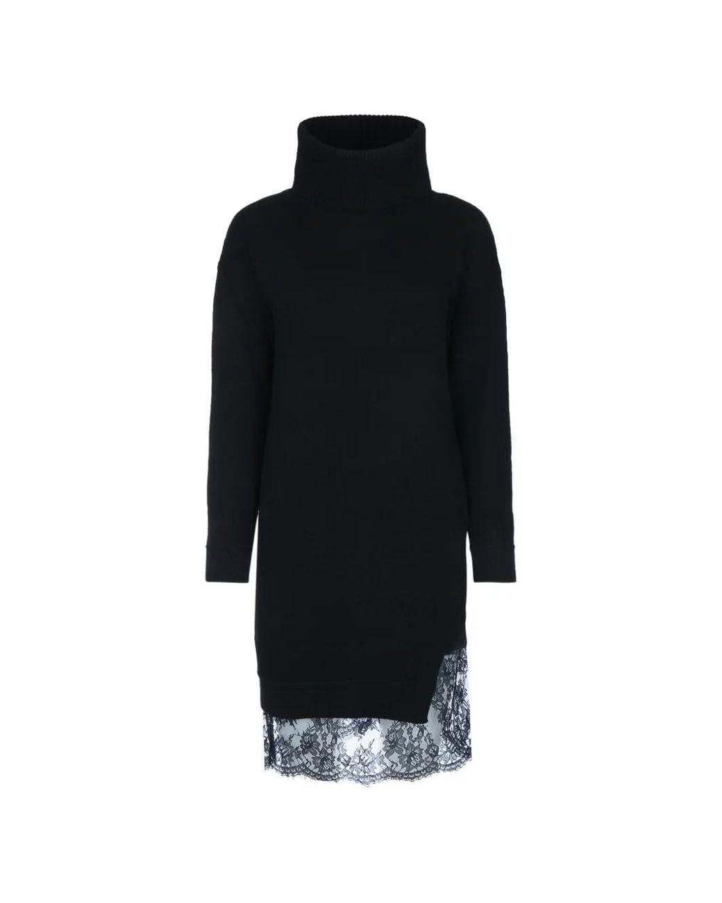 ERMANNO FIRENZE Black Lace-Trim Roll-Neck Midi Dress