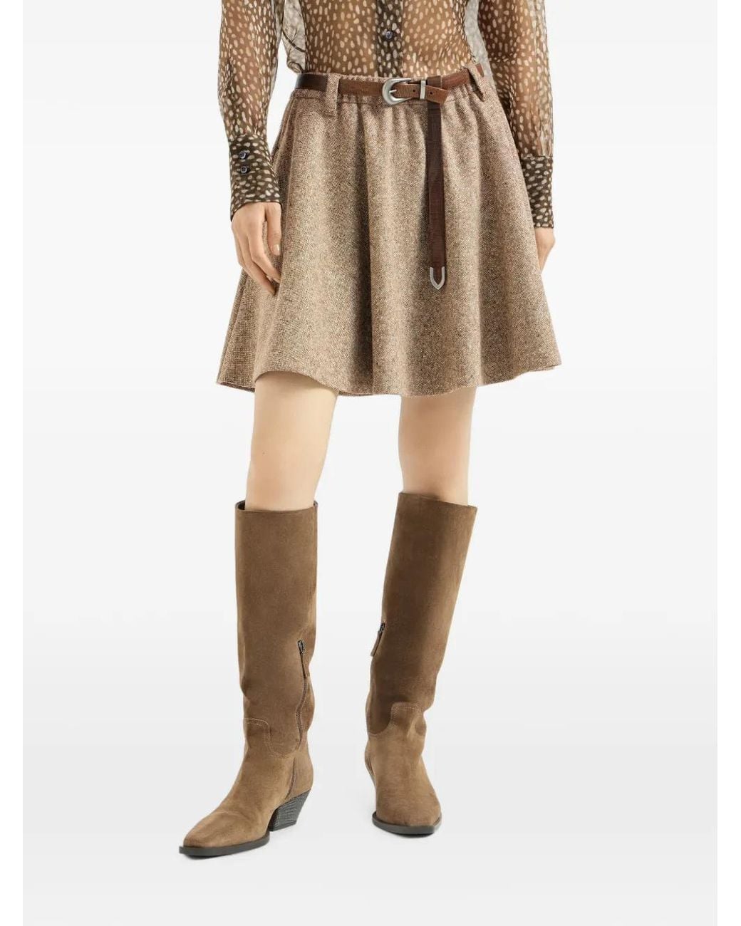 Brunello Cucinelli Brown Virgin Wool Donegal Mini Circle Skirt With Monili