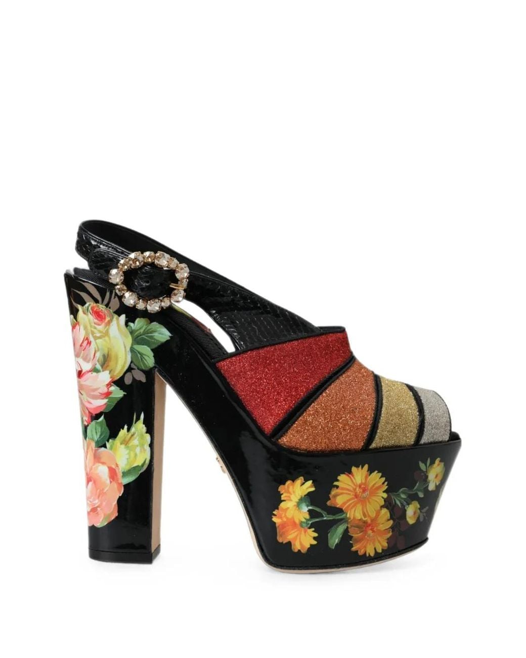 Dolce & Gabbana Black Floral-Print Crystal-Embellished Sandals