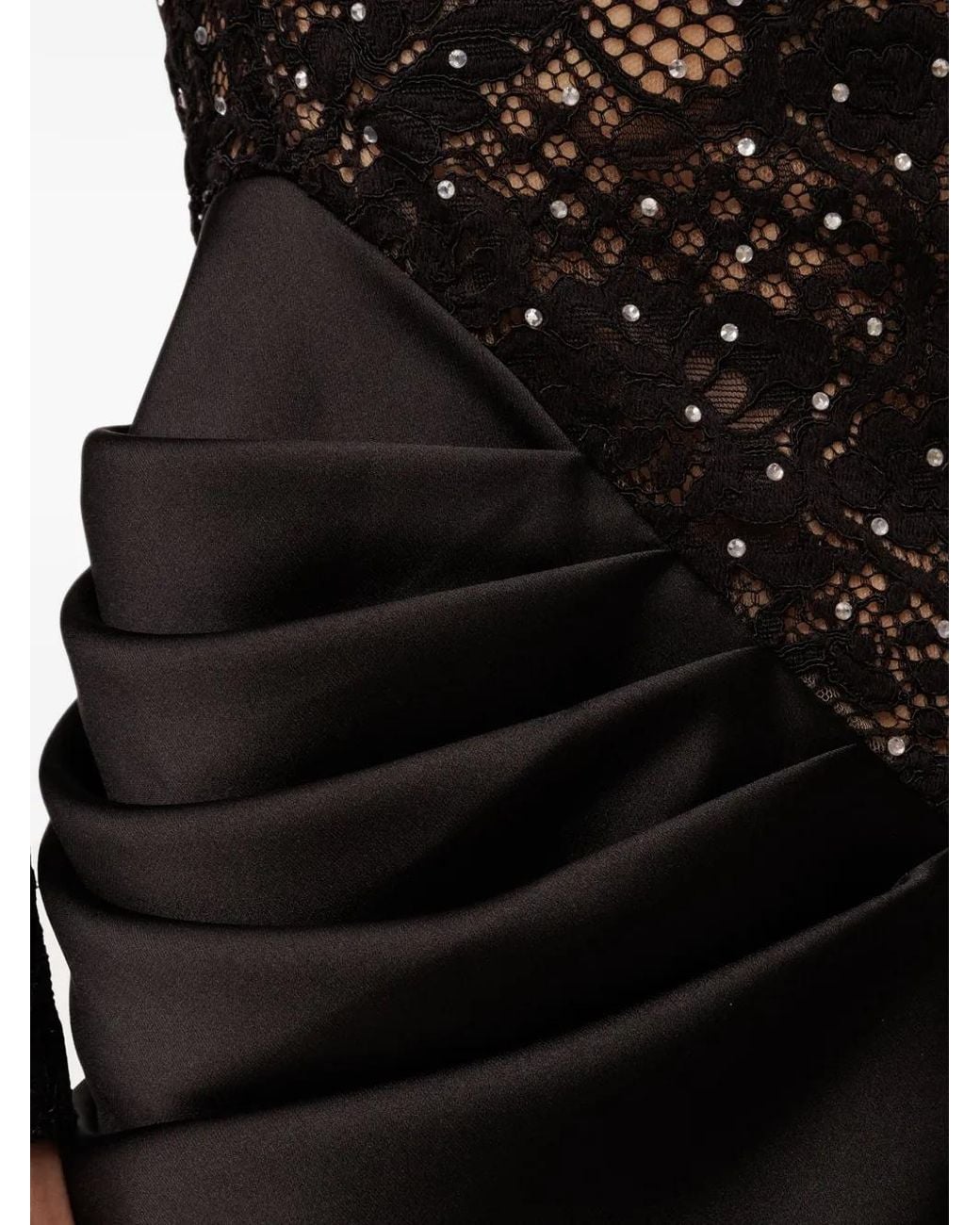 Nissa Black Crystal-Embellished Lace Satin Maxi Dress