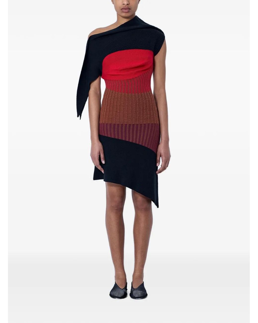 Kiko Kostadinov Red Asymmetric-Neck Midi Dress