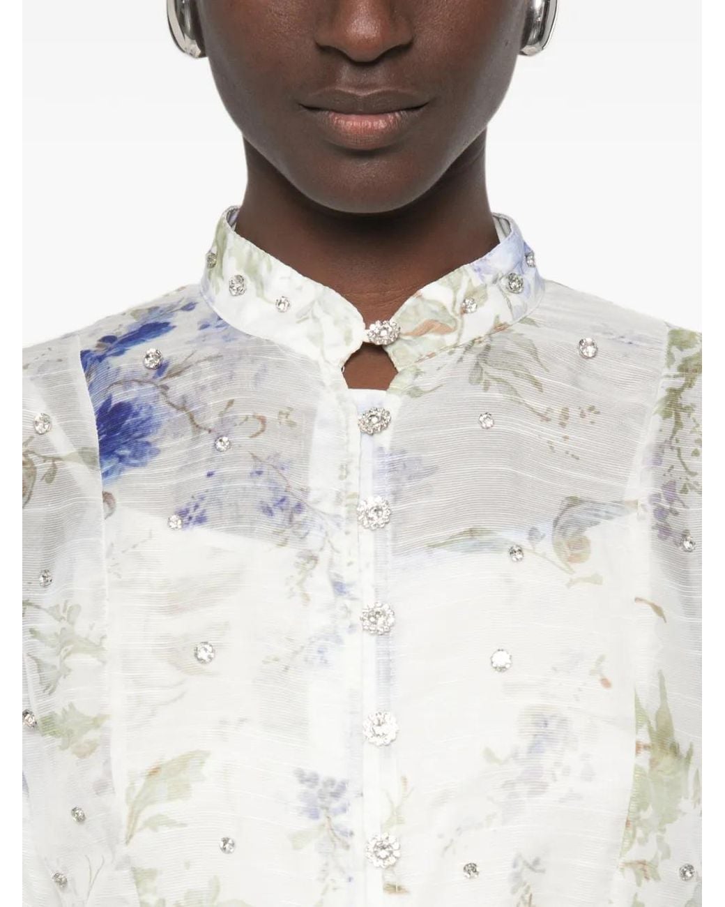 Paperlace White Crystal-Embellished Floral-Print Mini Shirt Dress