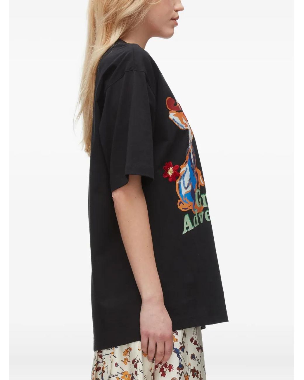 3.1 Phillip Lim Black Graphic-Print Floral-Embroidery T-Shirt