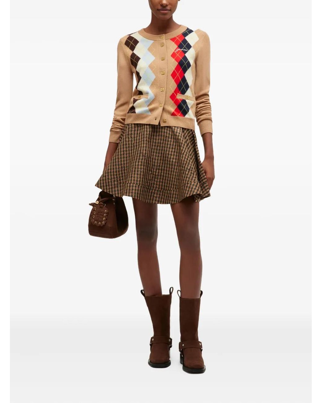 Ganni White Argyle Button Cardigan
