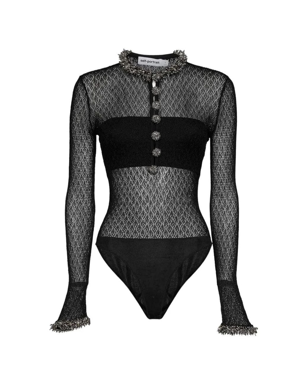Self-Portrait Black Bead-Embroidered Mesh Bodysuit