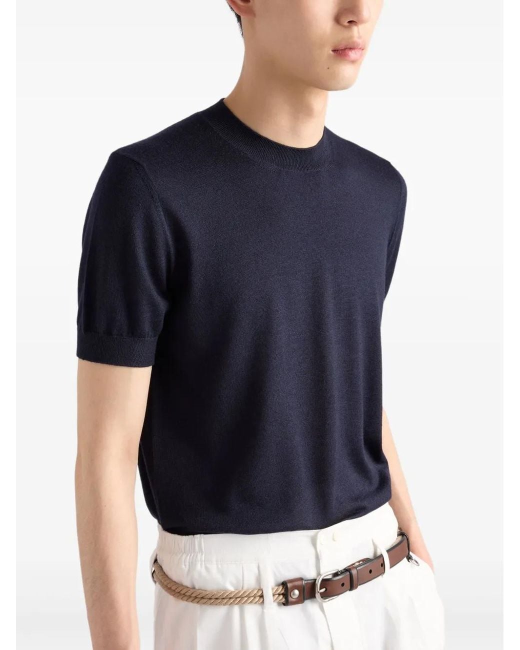 Prada Blue Cashmere Crew Neck T-Shirt for men