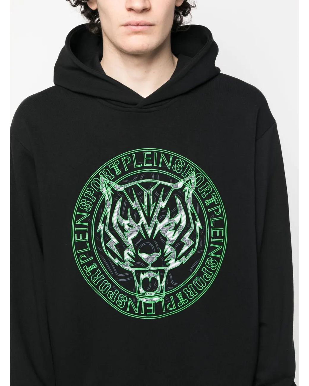 Philipp Plein Black Logo-Tiger-Print Hoodie for men