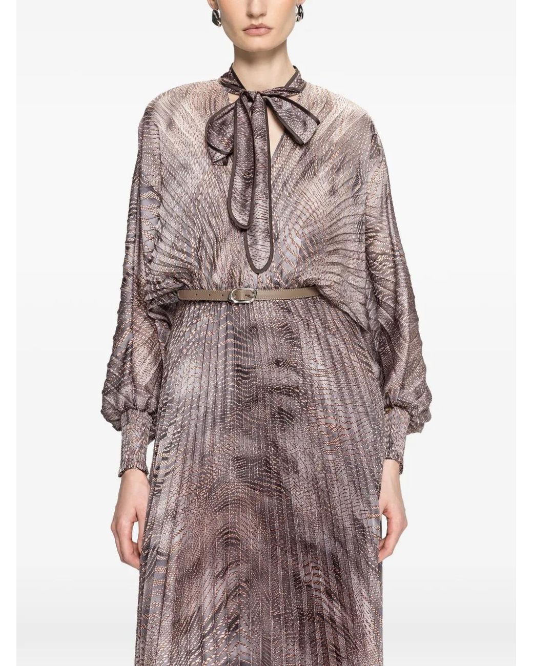 Nissa Gray Pleated Chiffon Midi Dress