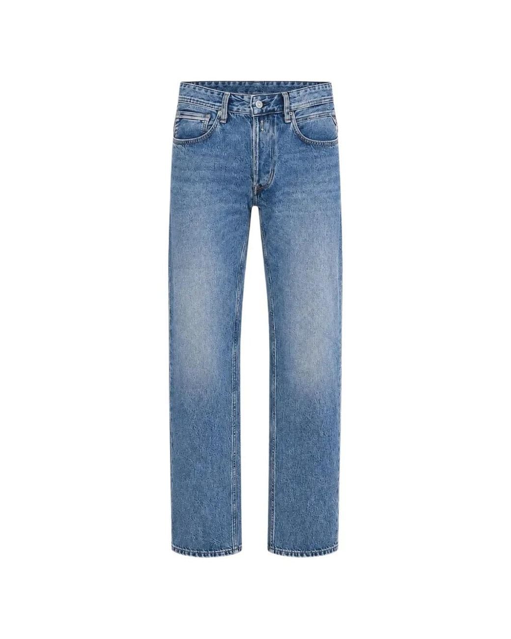 Replay Blue Faded-Effect Logo-Patch Jeans for men