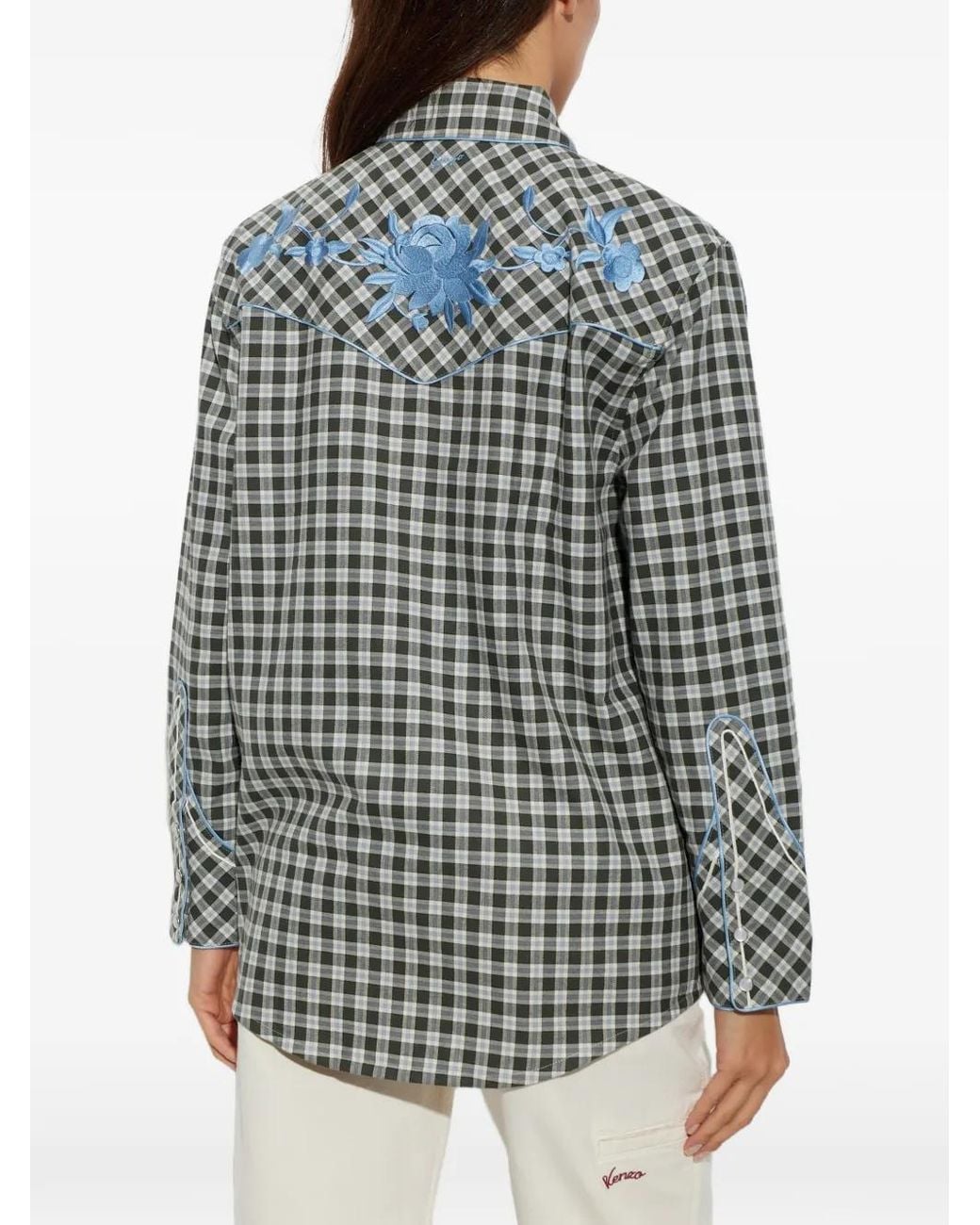 KENZO Black Wildflower Floral-Embroidered Checked Shirt