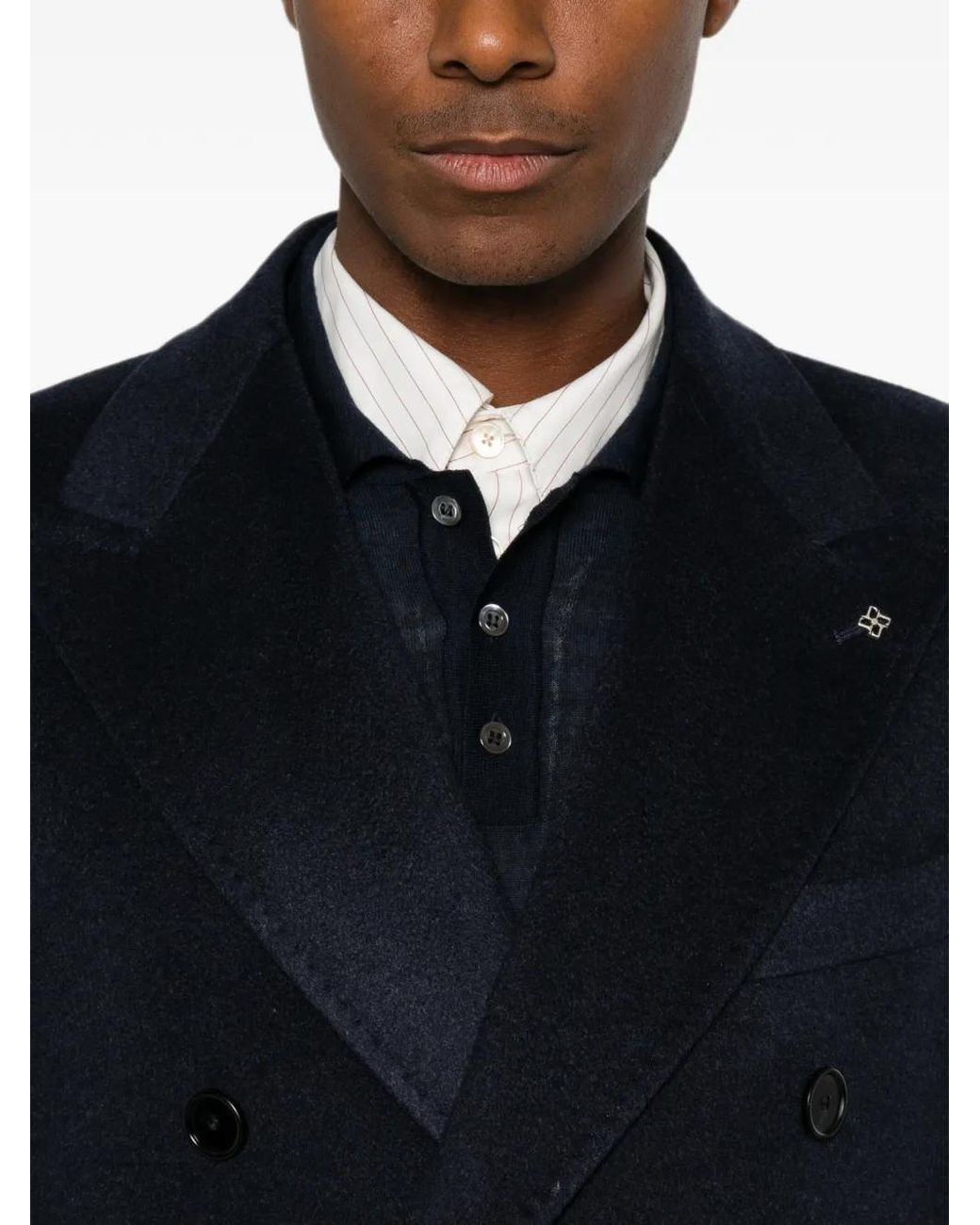 Tagliatore 0205 Blue Double-Breasted Peak-Lapel Coat for men
