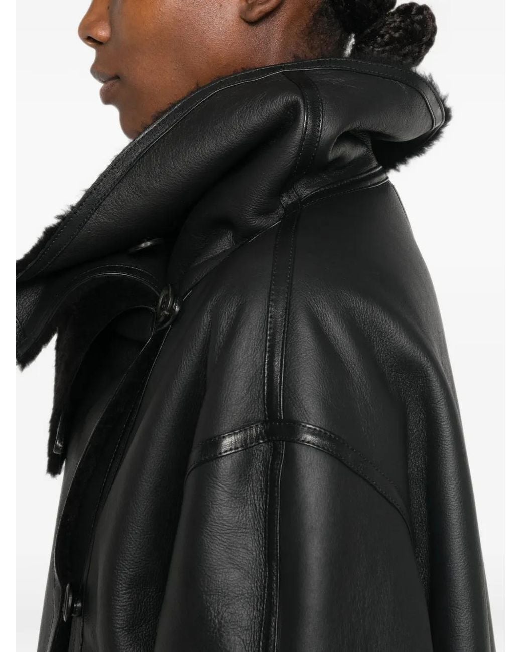 Emmeci Black Shearling-Collar Leather Coat