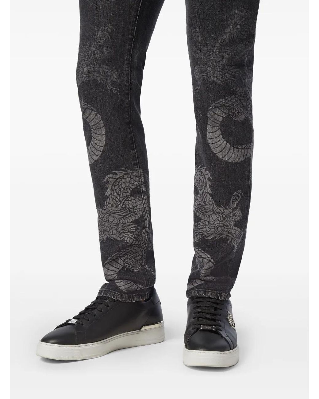 Philipp Plein Gray Dragon-Print Washed Straight-Leg Jeans for men