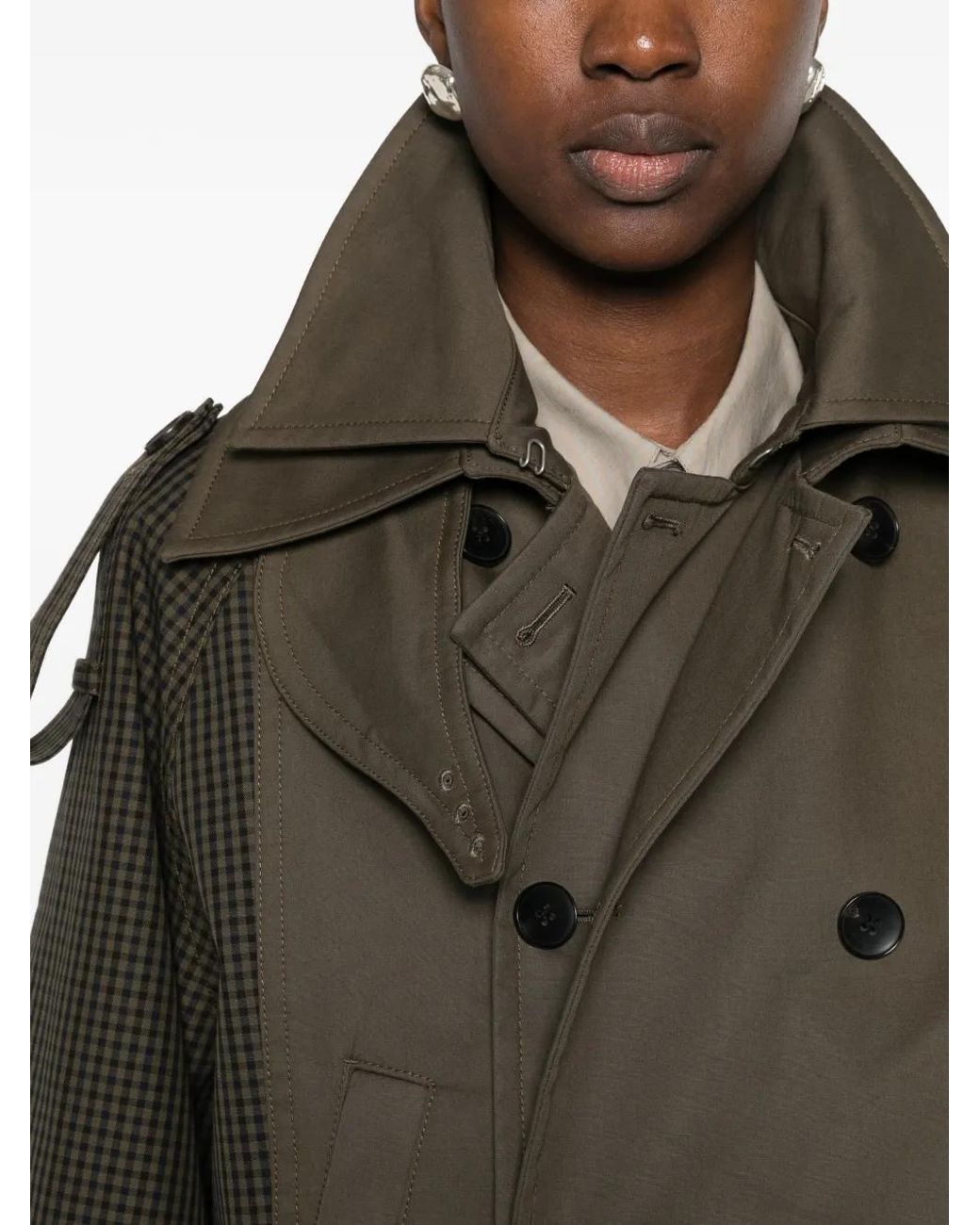 Feng Chen Wang Brown Check-Panelled Double-Breasted Jacket