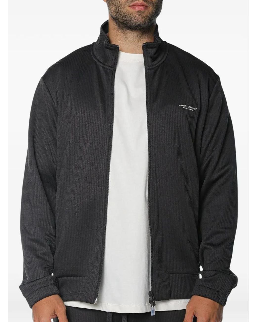 ARMANI EXCHANGE Black Logo-Print Ribbed-Knit Sweatshirt for men
