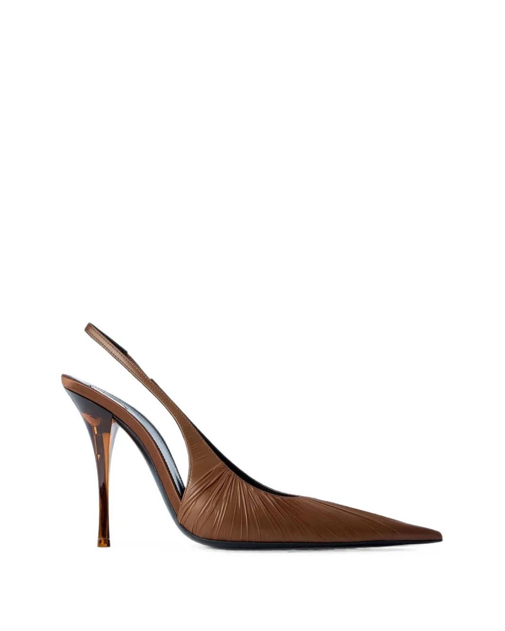 Saint Laurent Brown Textured Pointed-Toe Slingback Pumps