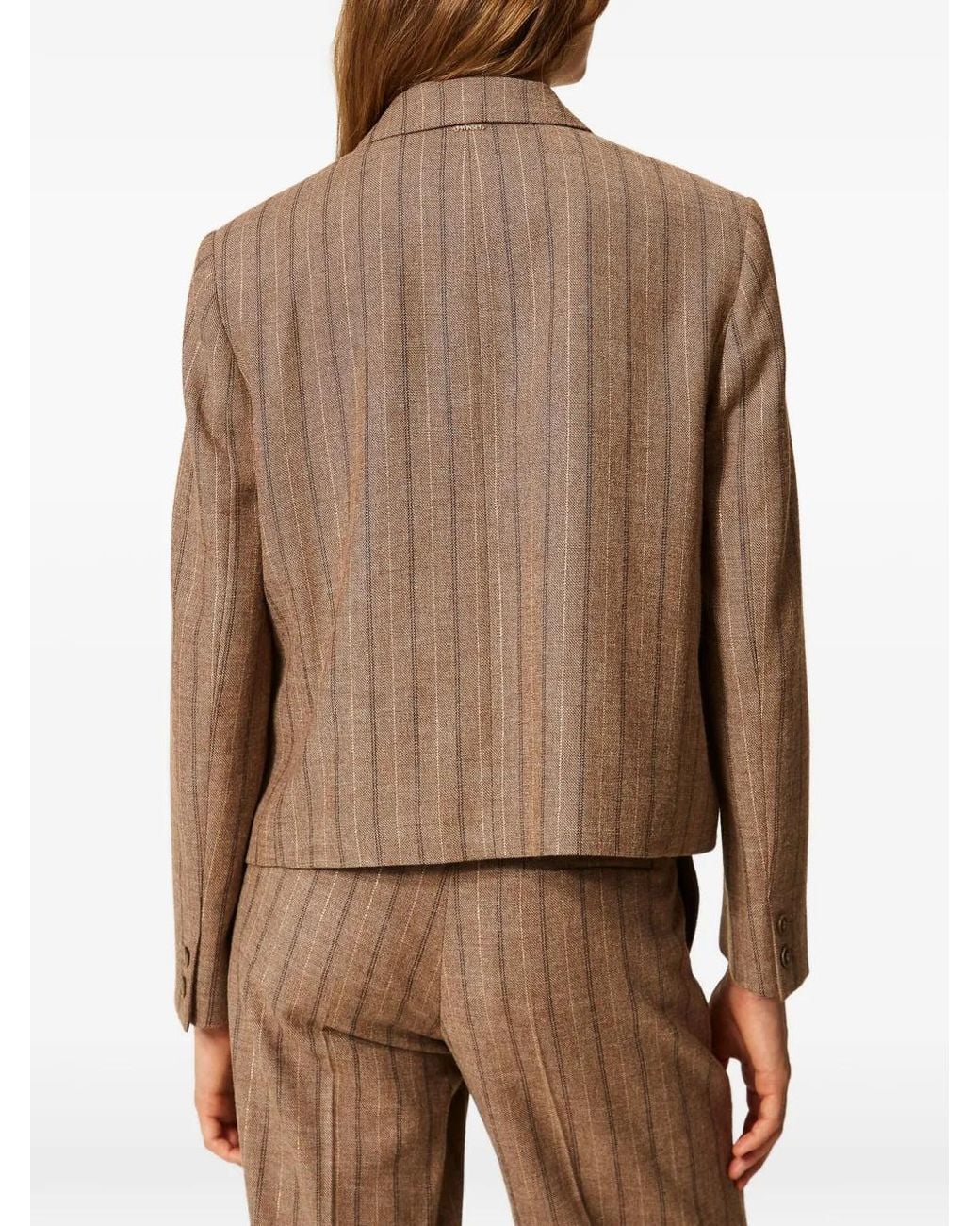 Twinset Brown Wool Blend Cropped Pinstripe Blazer