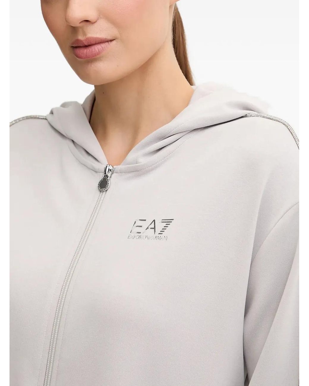 EA7 White Sweat Zippé À Capuche À Ornements