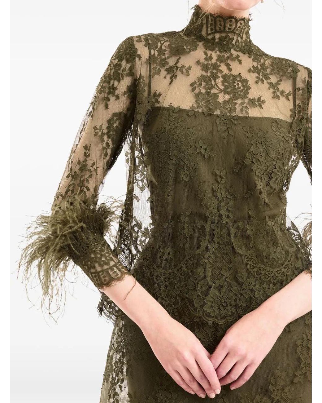 Gemy Maalouf Green Lace Feather-Trim Top