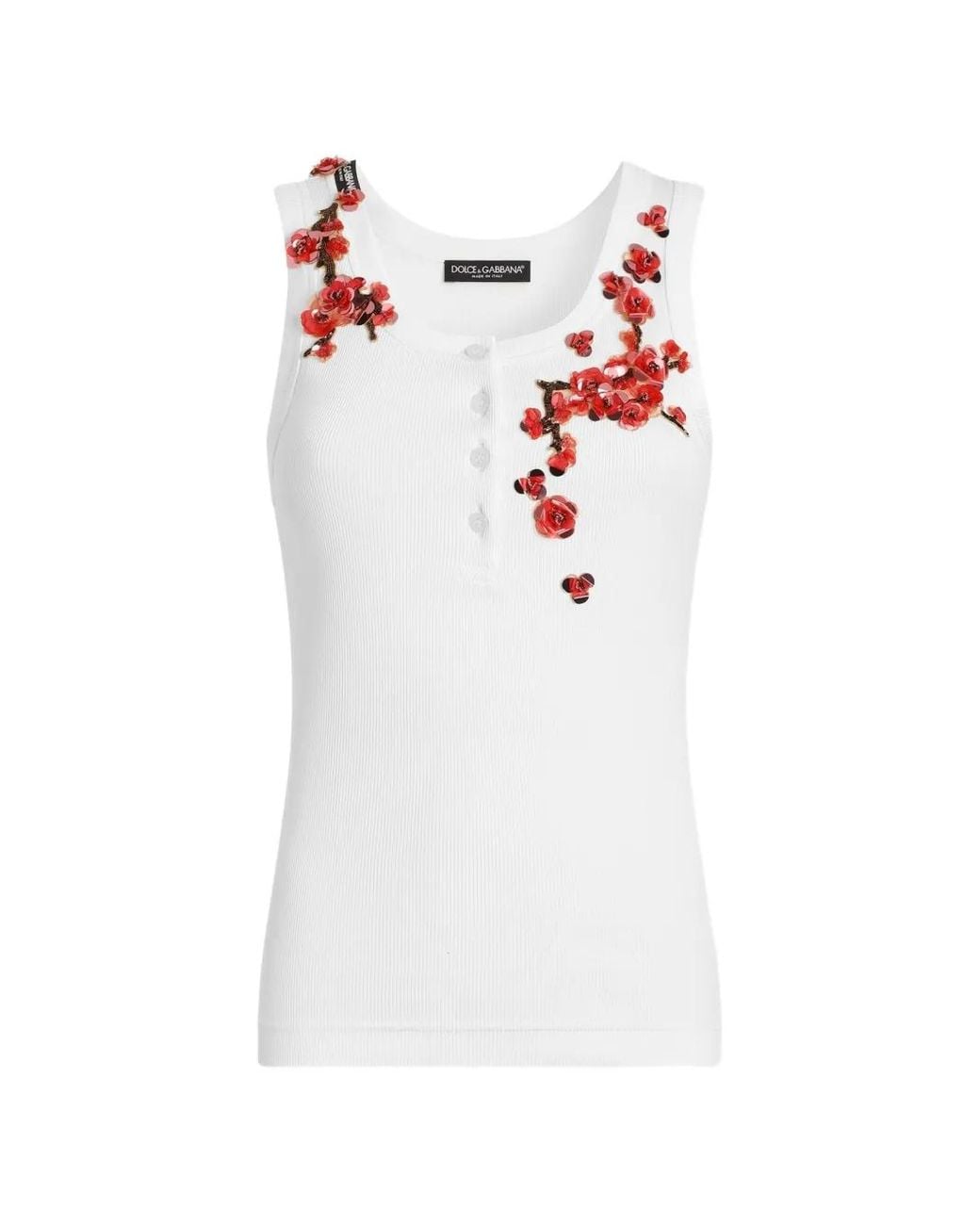 Dolce & Gabbana White Floral-Applique Buttoned Tank Top