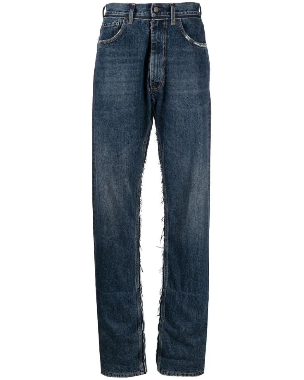 Maison Margiela Blue Logo-Patch Ripped-Detailing Wide-Leg Jeans