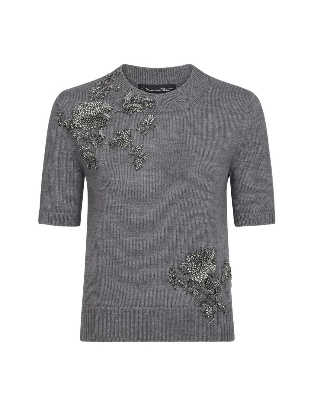 Oscar de la Renta Gray Beaded Peony-Embroidered Sweater