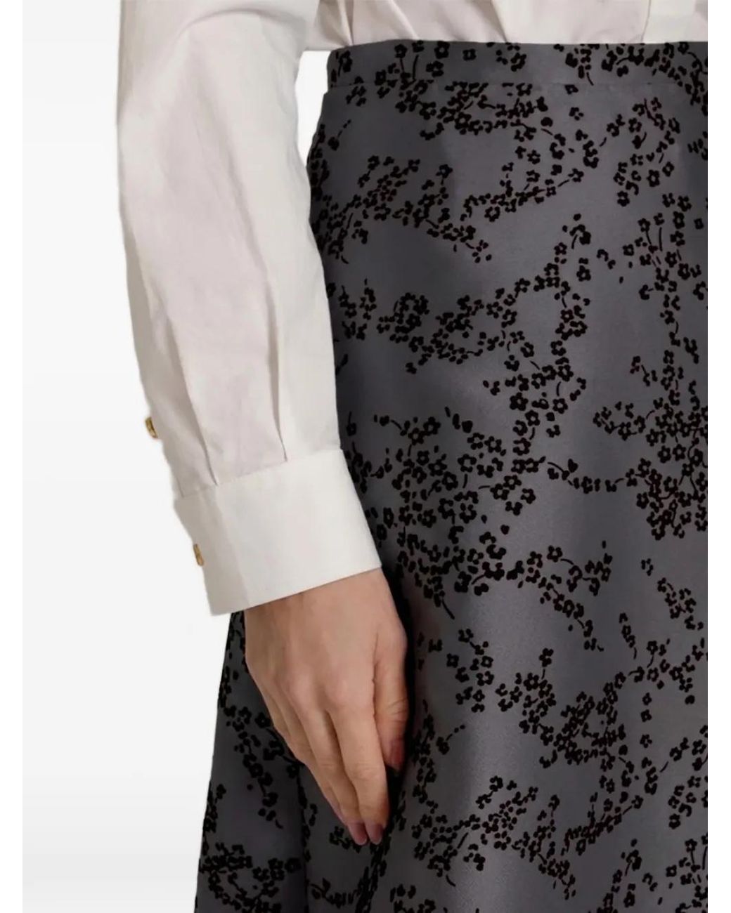 Alberta Ferretti Gray Floral-Print A-Line Midi Skirt
