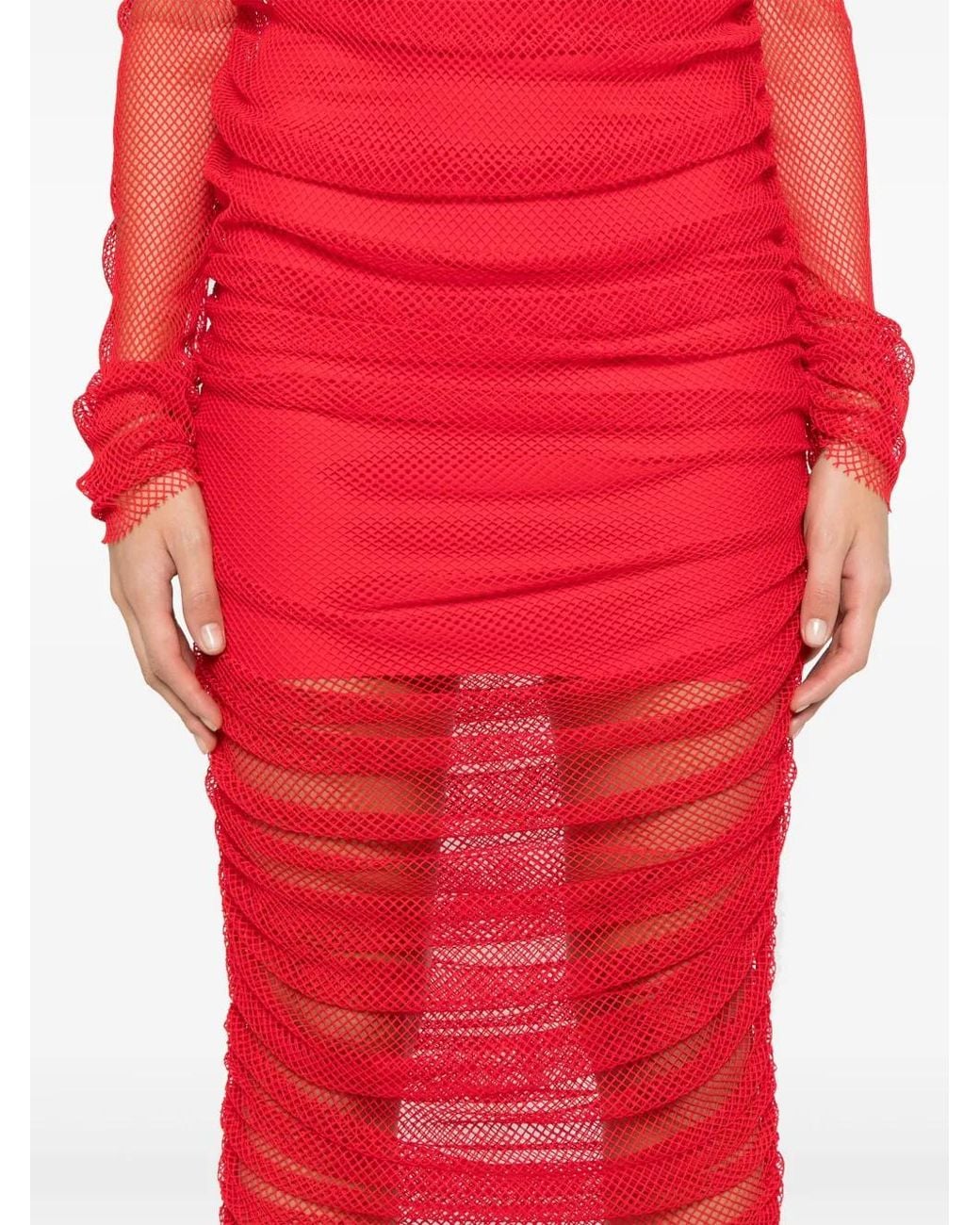 Atu Body Couture Red Fishnet-Design Midi Dress