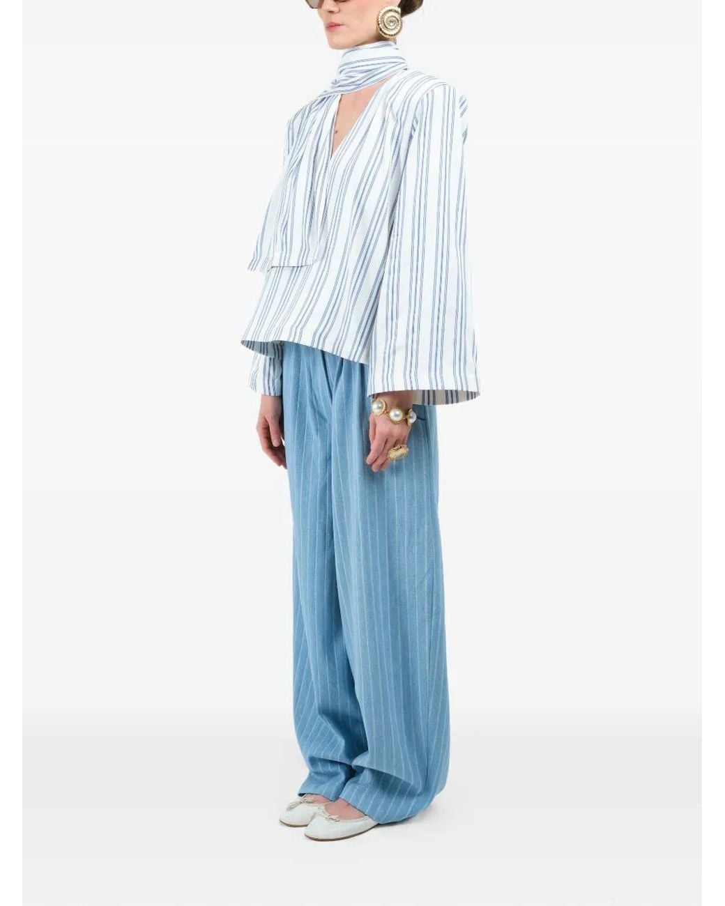 ROWEN ROSE Blue Striped Scarf Shirt