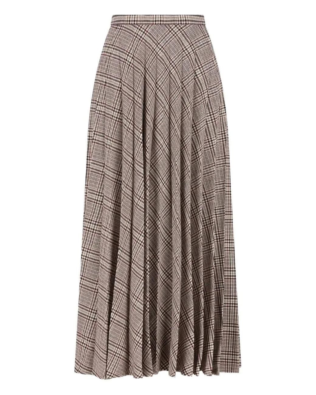 Saint Laurent Brown Pleated Check-Pattern Maxi Skirt