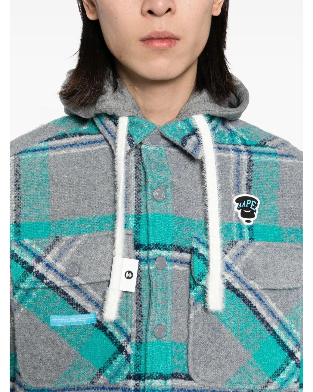 Aape By A Bathing Ape Blue Check-Pattern Hooded Wool-Blend Jacket for men