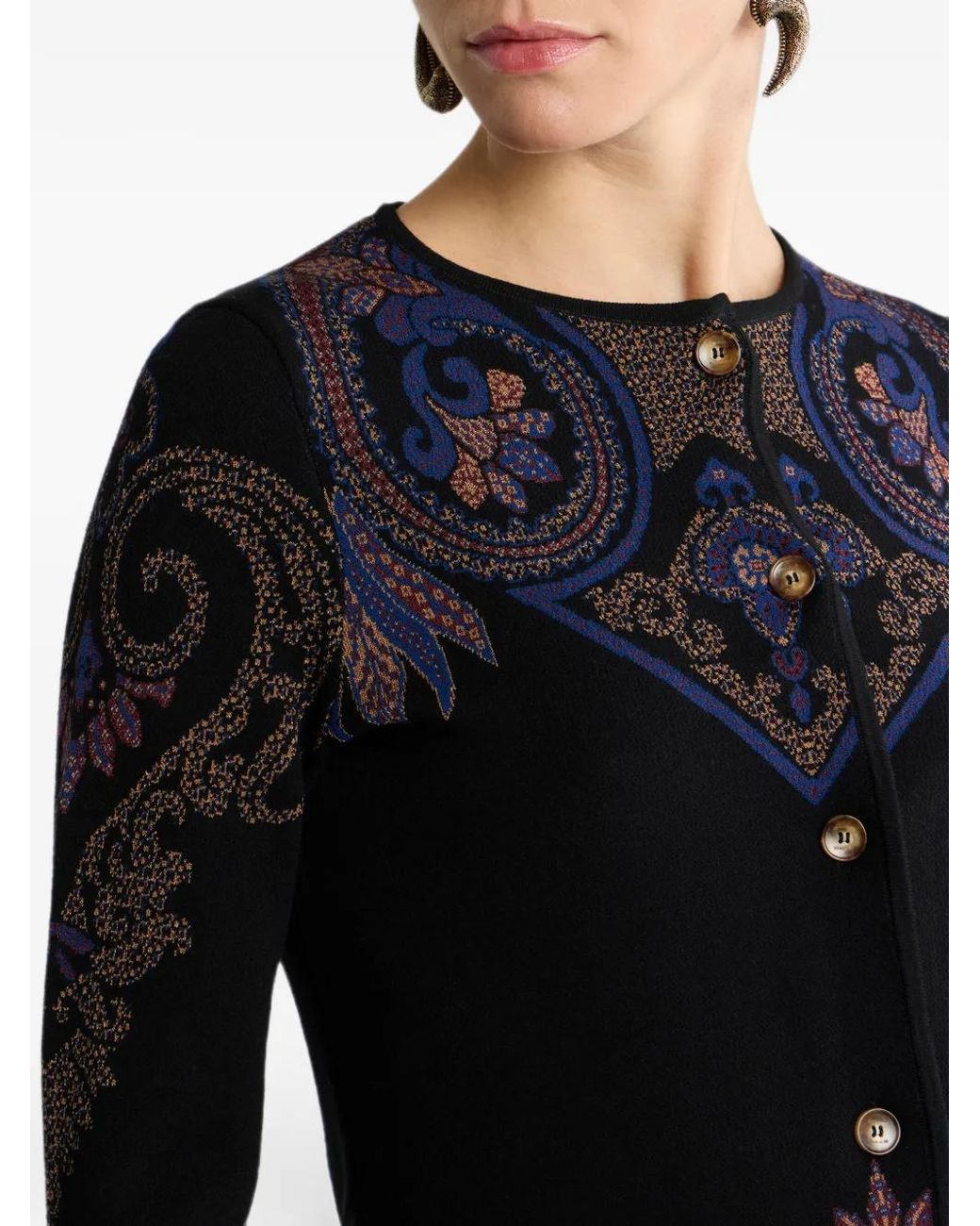 Etro Black Jacquard Cardigan With Foliage Motif