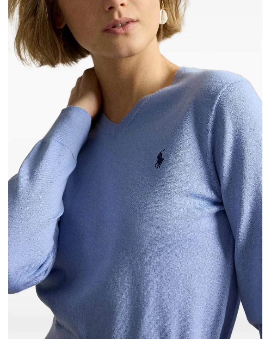 Polo Ralph Lauren Blue Embroidered-Logo V-Neck Sweater