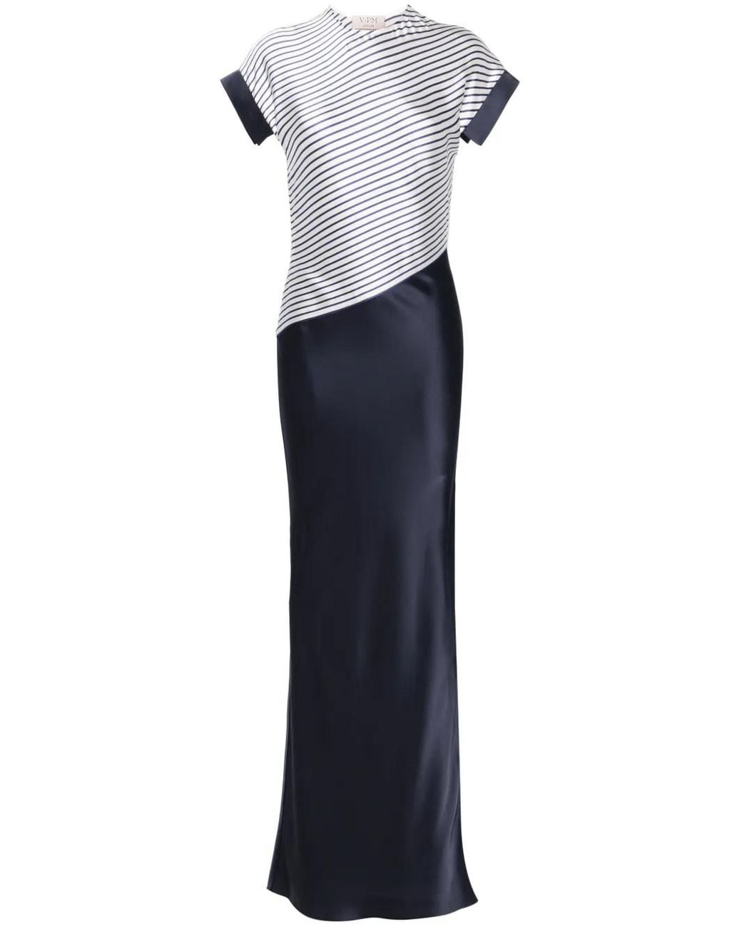 V:PM ATELIER Blue Striped Satin Maxi Dress