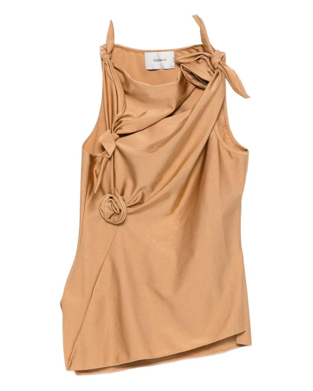 Coperni Natural Asymmetric Rose-Embellished Knotted Blouse