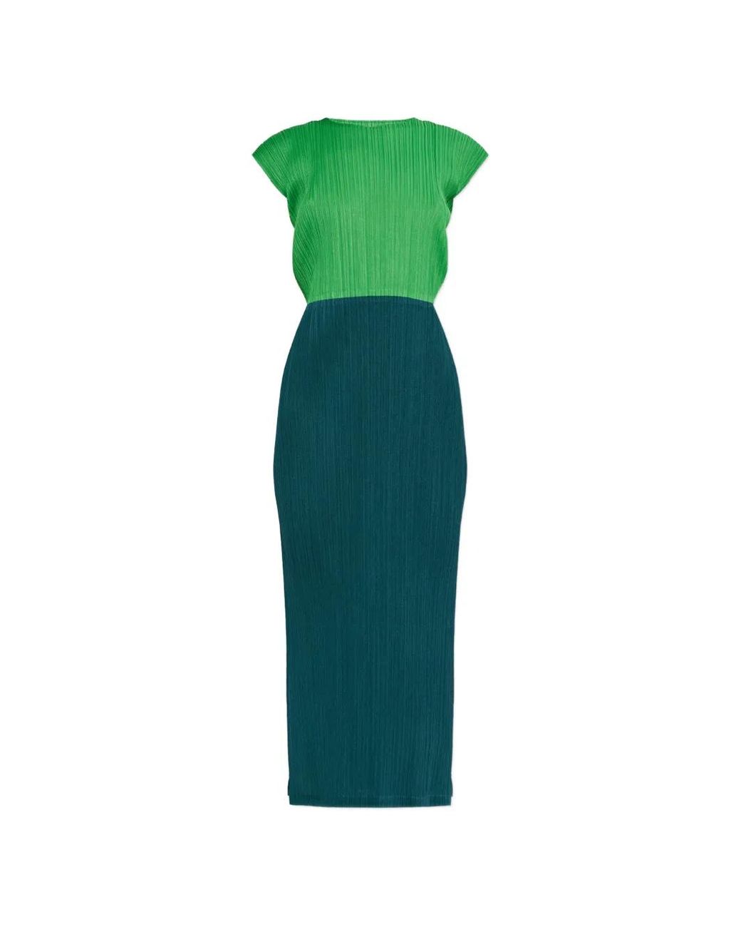 Pleats Please Issey Miyake Green Pleated Dress With Side Slits