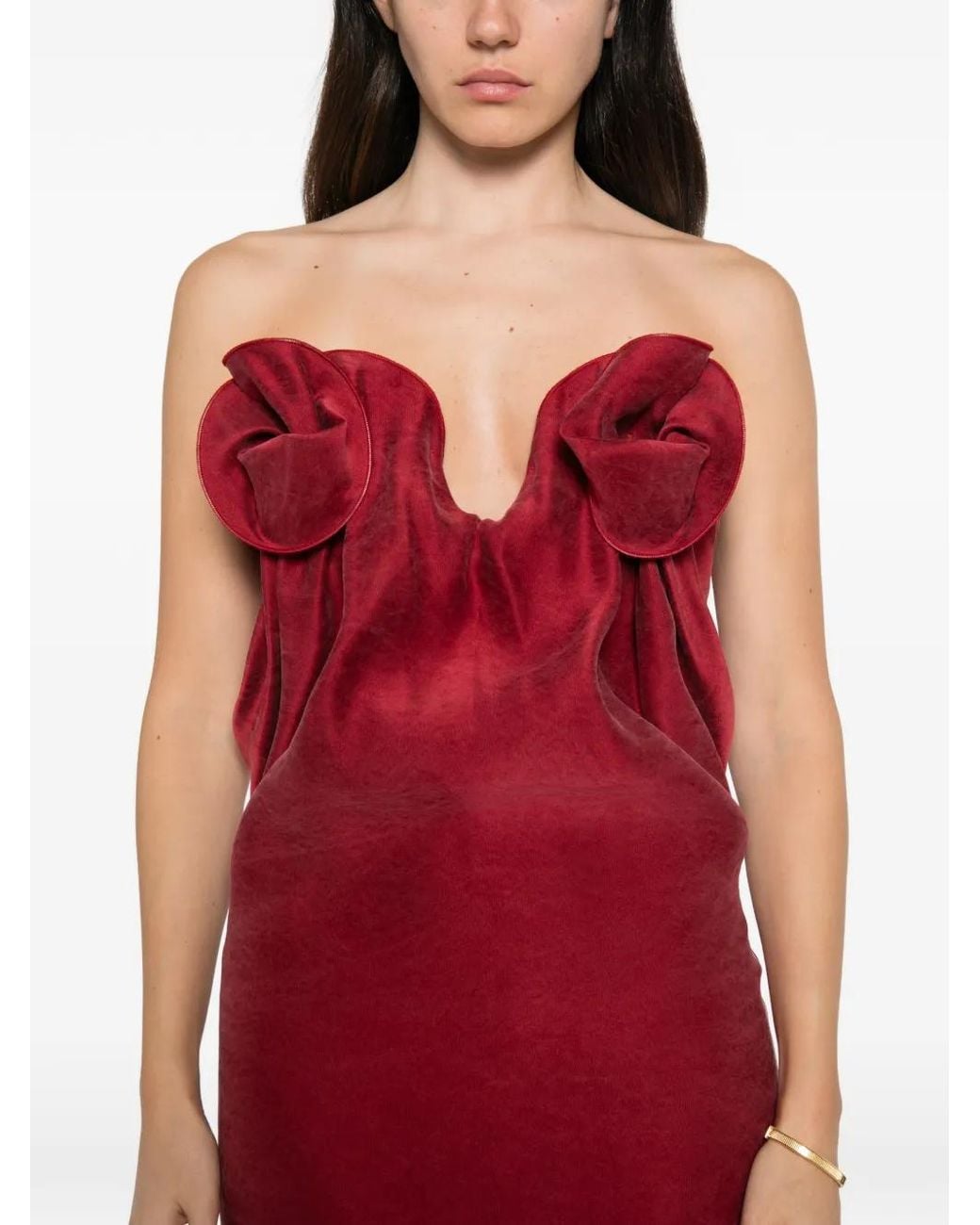 Magda Butrym Red Flower-Detail Strapless Midi Dress