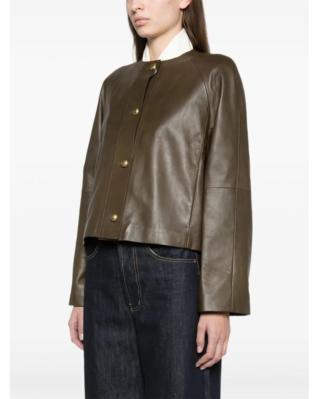 Max Mara Brown Nappa Leather Crew-Neck Jacket