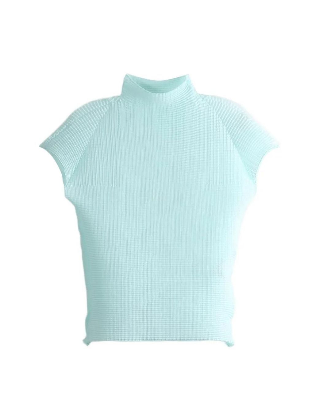 Issey Miyake Blue Wooly Pleats-68 Pleated High-Neck Top