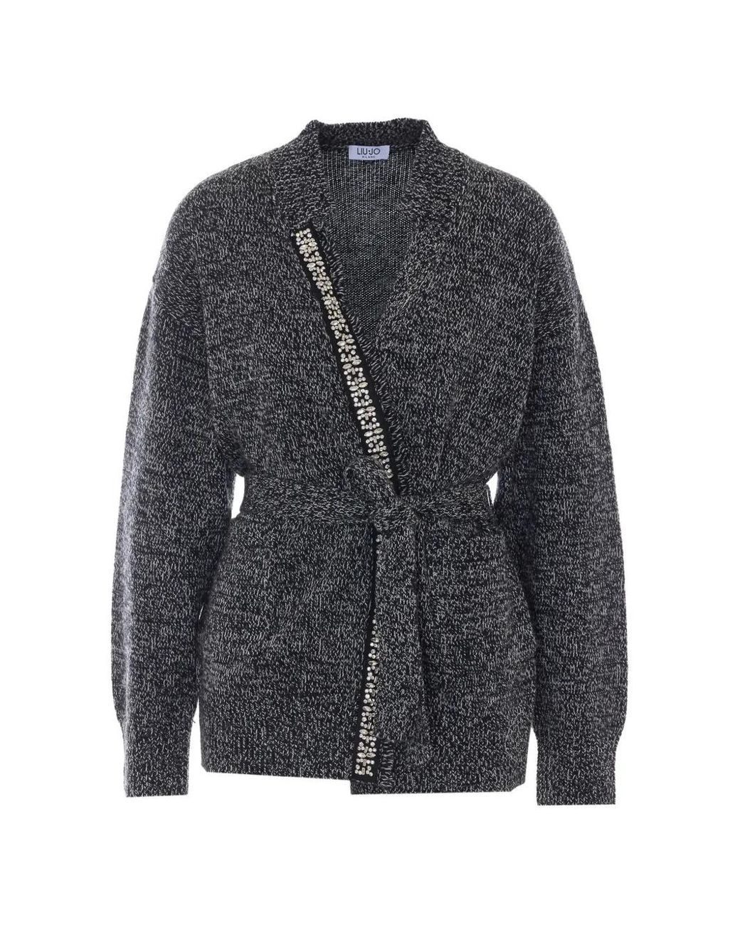 Liu Jo Gray Crystal-Embellished Belted Cardigan
